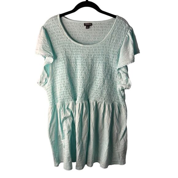 TORRID PLUS SIZS SMOCKED BABYDOLL SOFT FLUTTER SLEEVE BLOUSE LIGHT BLUE SIZE 4X - Picture 5 of 10